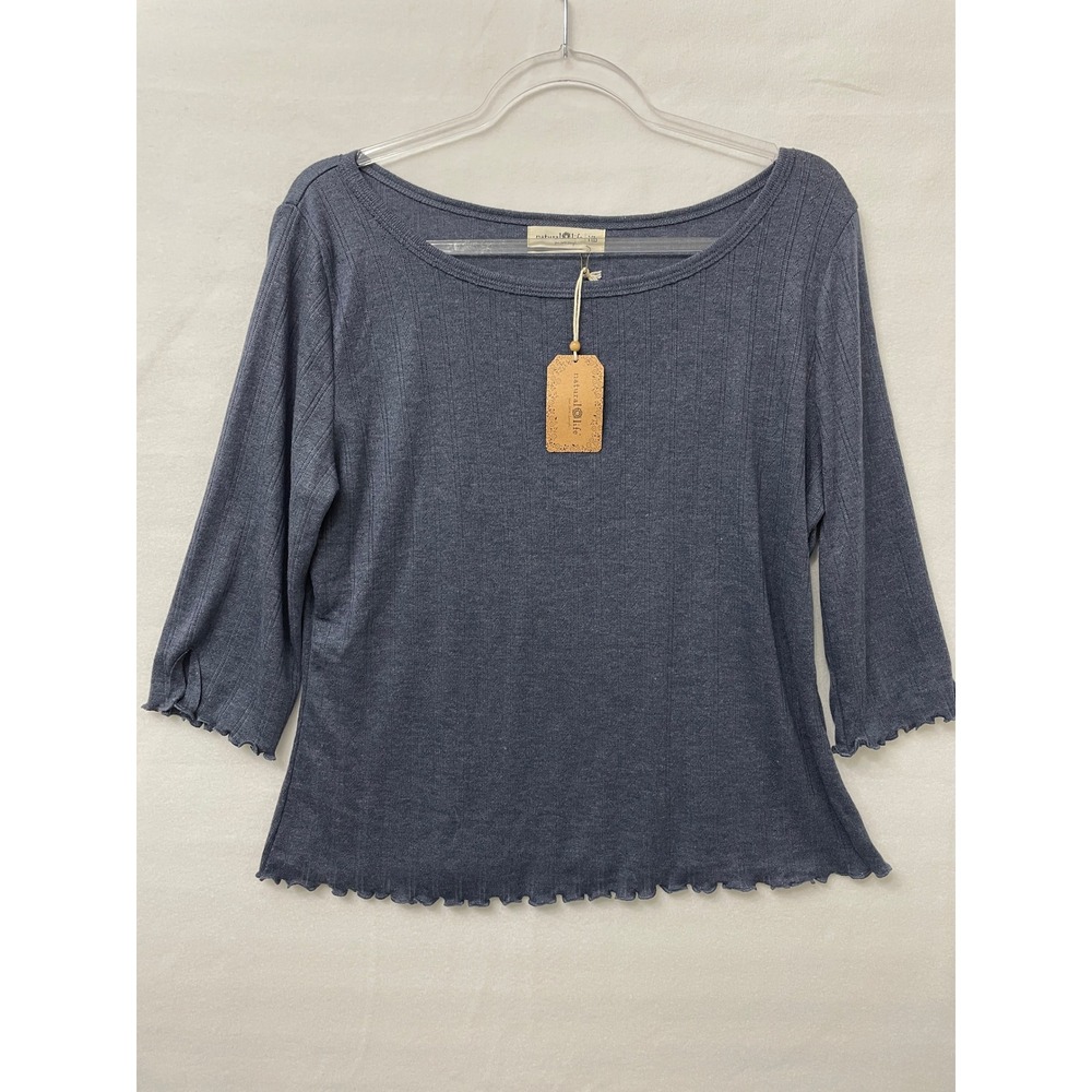 New Natural Life Leah Pointelle Top Gray Lettuce Edge Boat Neck 3/4 Sleeve Boho
